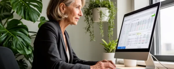 Responsable financière analysant un tableau de bord sur écran dans un bureau moderne