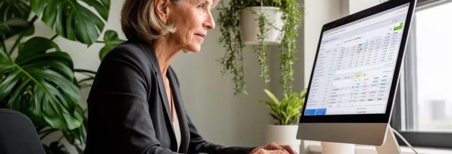 Responsable financière analysant un tableau de bord sur écran dans un bureau moderne