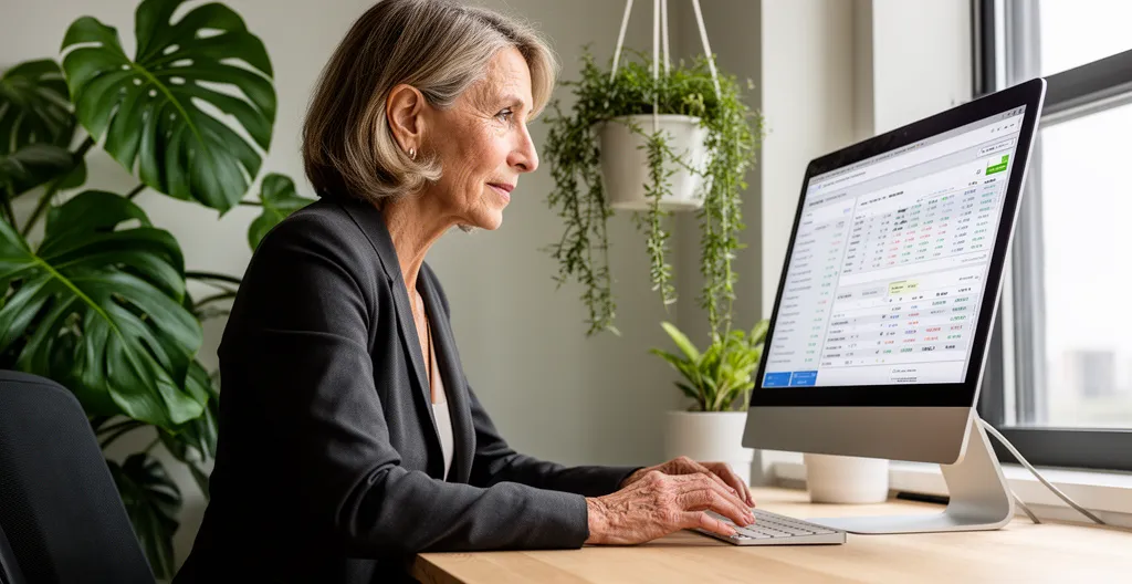 Responsable financière analysant un tableau de bord sur écran dans un bureau moderne