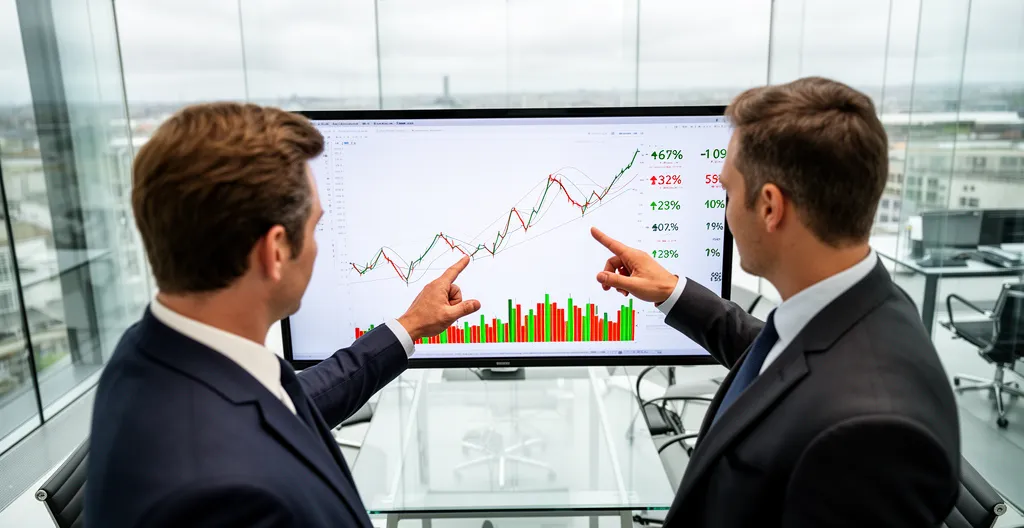 Deux professionnels debout côte à côte analysant des graphiques financiers sur écran