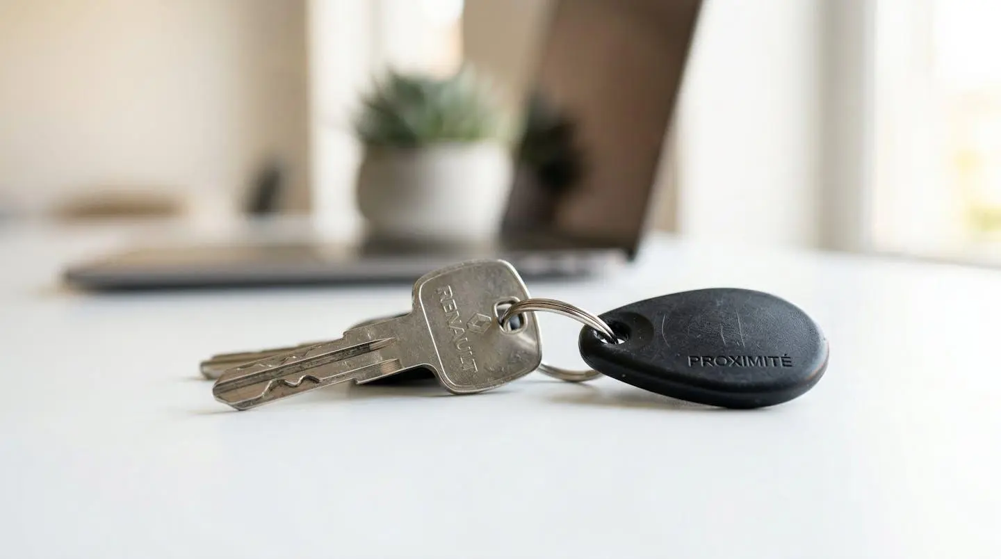 Gros plan sur des clés de véhicule avec badge RFID posées sur un bureau blanc épuré, mise au point nette sur les clés avec arrière-plan flouté