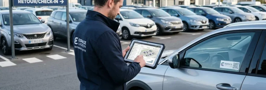 Un gestionnaire de flotte consulte un tableau de bord sur tablette dans un parking d'agence de location, photographié de dos en lumière naturelle