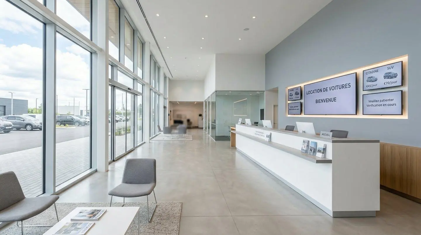 Intérieur d'une agence de location de véhicules contemporaine avec comptoir d'accueil épuré, écrans digitaux muraux et lumière naturelle abondante, aucune personne au premier plan