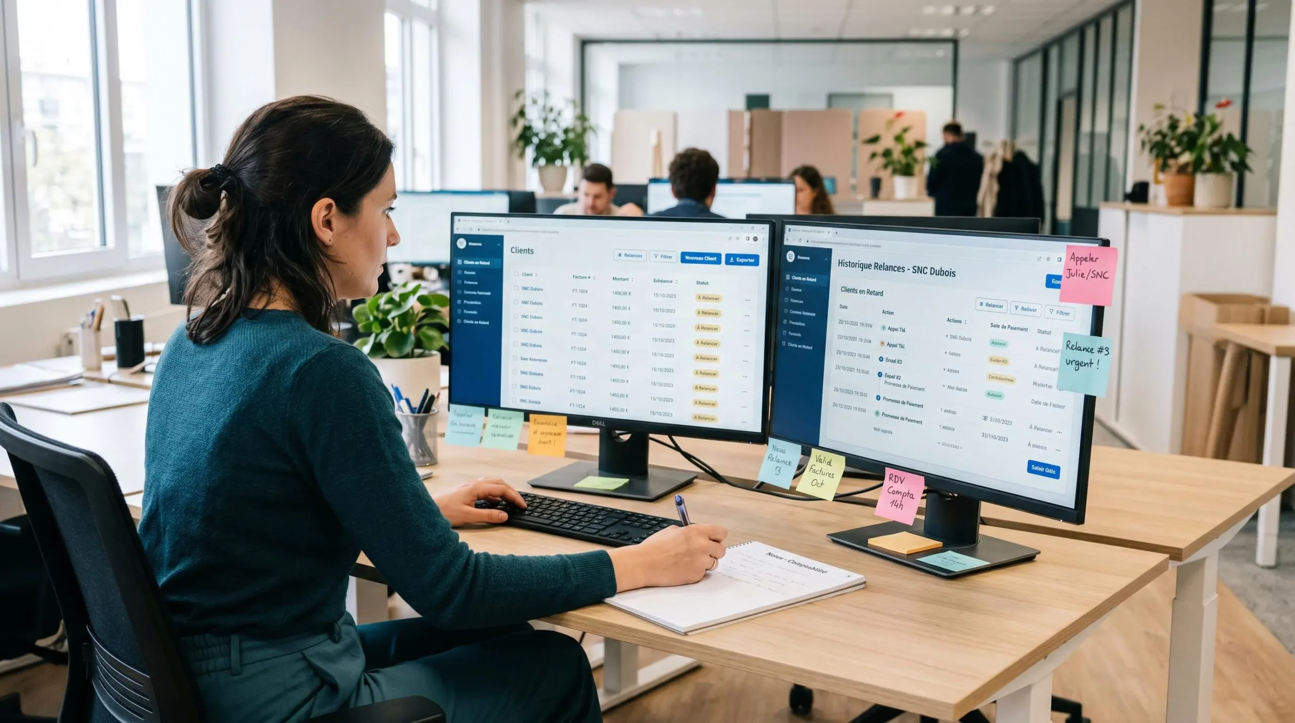 Comptable testant interface SaaS de relance clients sur double écran dans open-space de PME française