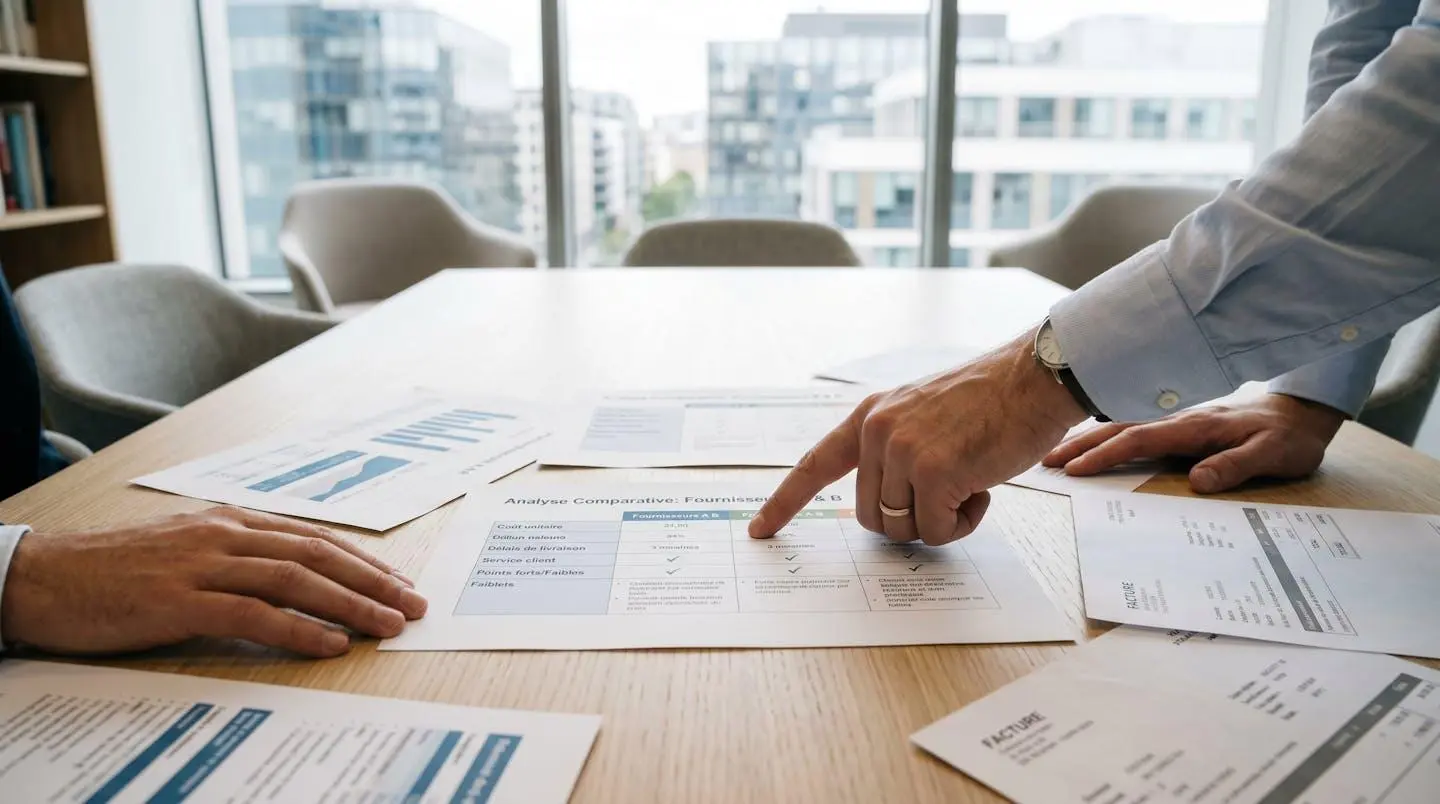Dirigeant et responsable financière de PME analysant ensemble comparatif de logiciels SaaS sur ordinateur portable dans salle de réunion moderne