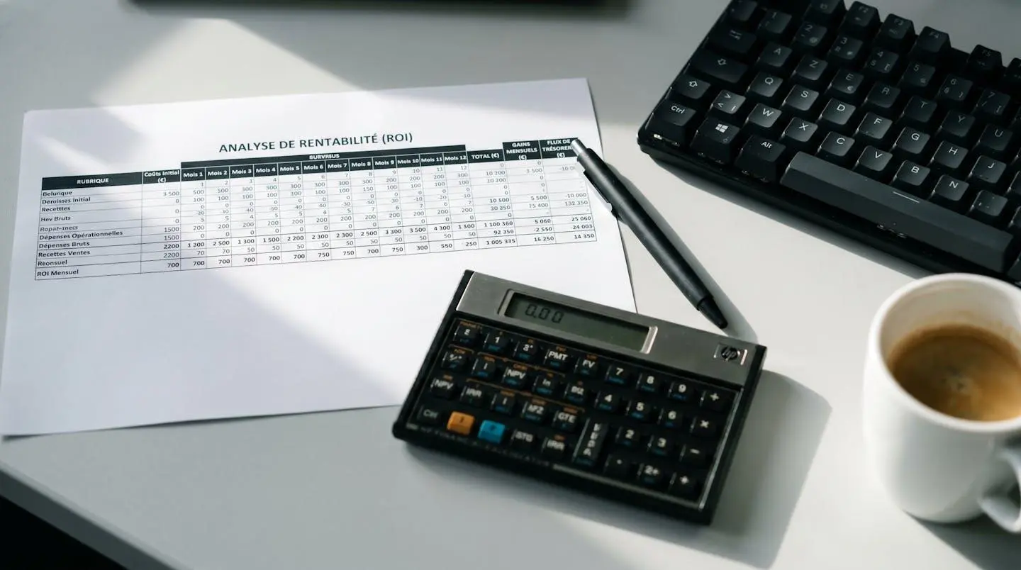 Document de calcul de ROI d'un logiciel SaaS avec calculatrice financière et feuille Excel sur bureau de comptable