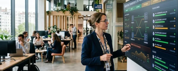 Un responsable informatique dans un open space moderne vérifiant le statut de chiffrement de transferts de fichiers sur un écran mural, collègues en arrière-plan
