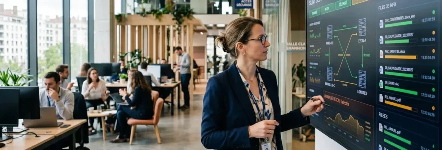 Un responsable informatique dans un open space moderne vérifiant le statut de chiffrement de transferts de fichiers sur un écran mural, collègues en arrière-plan