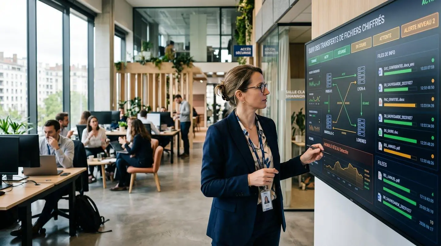 Un responsable informatique dans un open space moderne vérifiant le statut de chiffrement de transferts de fichiers sur un écran mural, collègues en arrière-plan