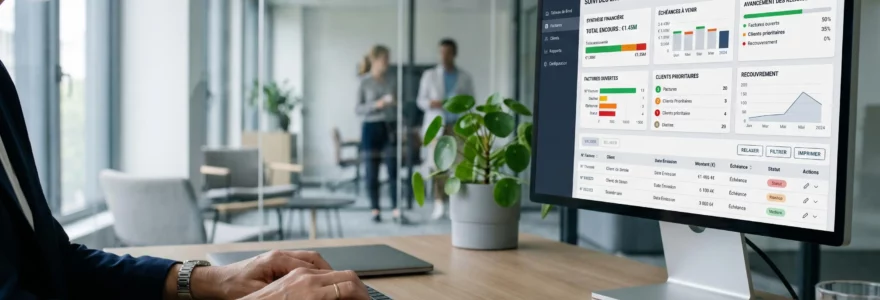 Responsable financière travaillant sur tableau de bord SaaS de gestion d'encours clients dans bureau contemporain français, écran affichant indicateurs de relances et échéances