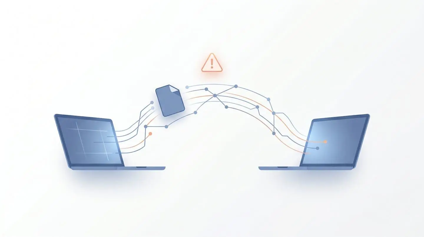 Illustration épurée montrant un fichier numérique voyageant entre deux ordinateurs portables sur un réseau sans protection, avec une icône d'alerte symbolisant le risque d'interception