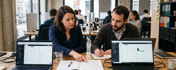 Deux collaborateurs comparent des logiciels PIM sur deux ordinateurs portables au bureau.