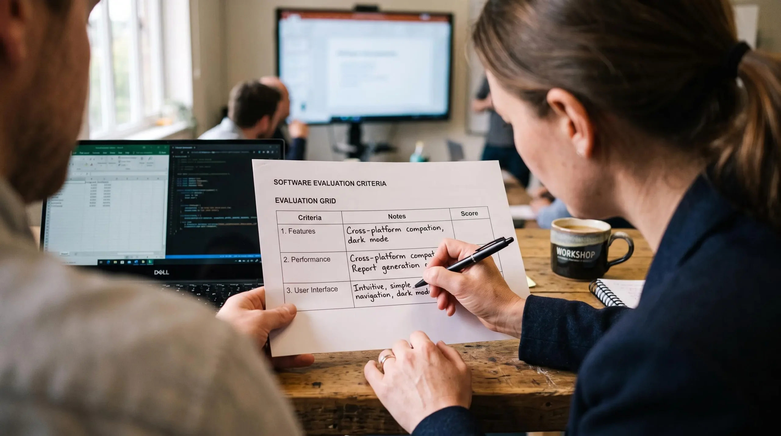Une analyste note des critères d'évaluation sur une grille papier lors d'un atelier.